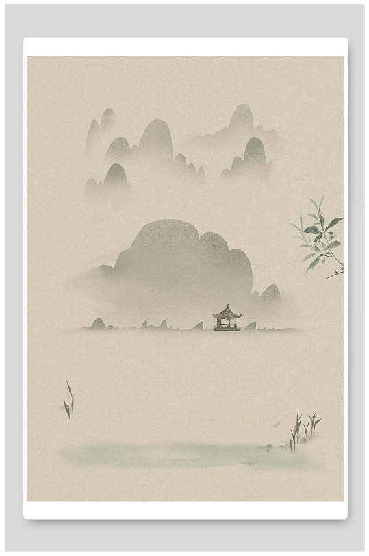 淡墨远山亭子工笔画背景素材