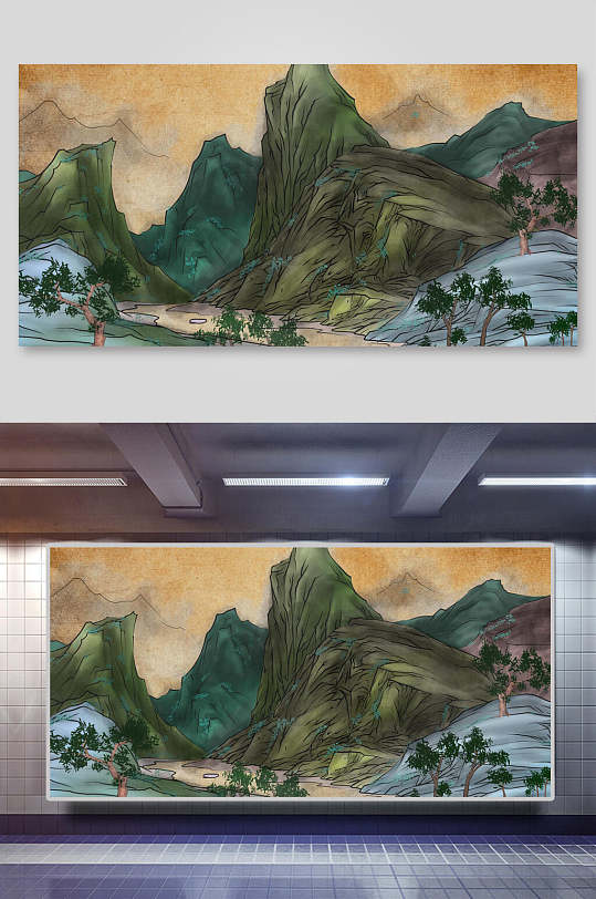 精美彩绘中国风山水背景