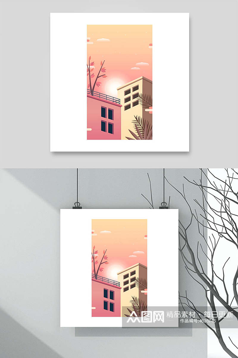 粉色树叶房子渐变风景矢量背景素材