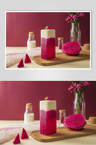 红心火龙果奶盖水果饮品摄影图