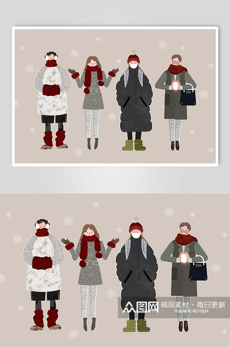 手绘时尚横版冬季人物插画素材