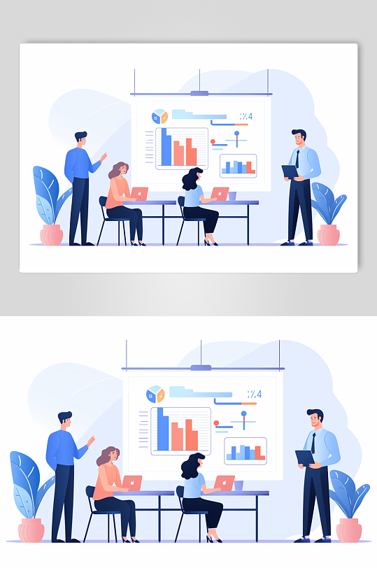 AI数字艺术扁平风企业团队协作场景插画-众图网