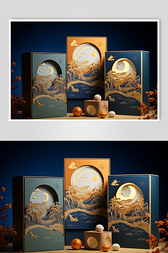AI数字艺术中秋节月饼食品包装盒模型