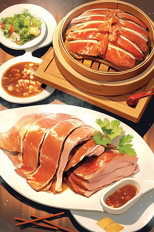 AI数字艺术美味北京烤鸭鸭子美食插画-众图网
