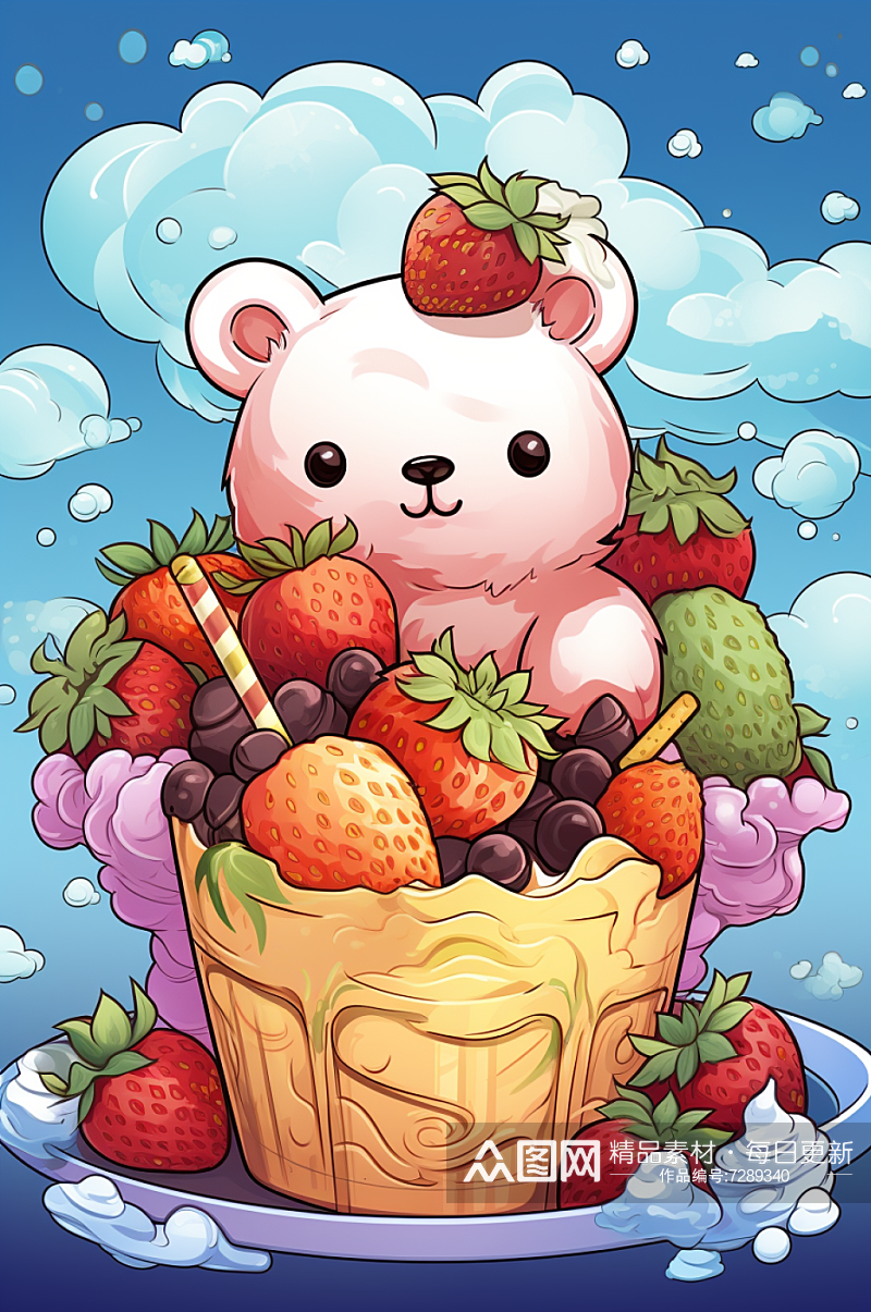 AI数字艺术可爱甜点草莓杯子蛋糕插画素材