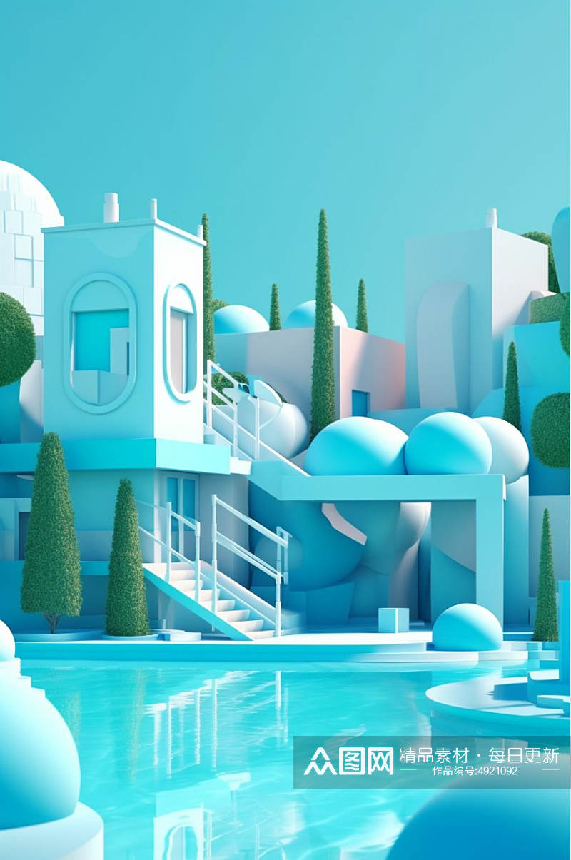 AI数字艺术卡通创意户外建筑别墅泳池模型素材