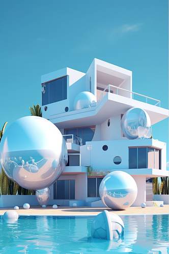 AI数字艺术卡通创意户外建筑别墅泳池模型