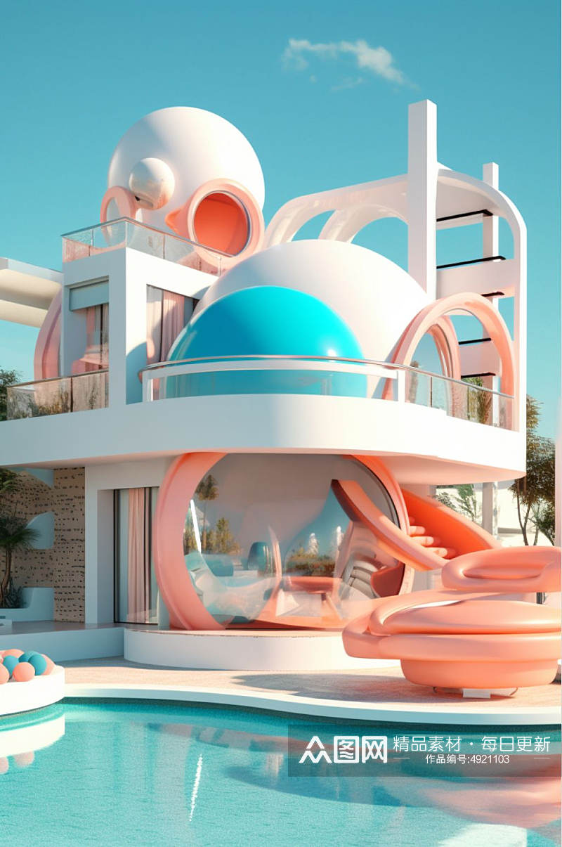AI数字艺术卡通创意户外建筑别墅泳池模型素材