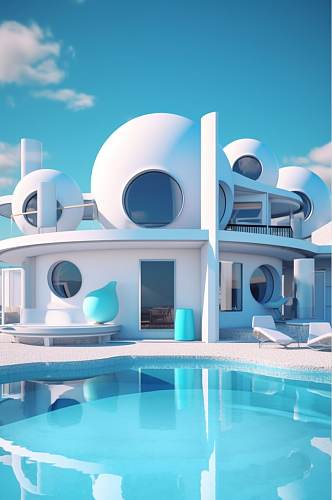 AI数字艺术卡通创意户外建筑别墅泳池模型