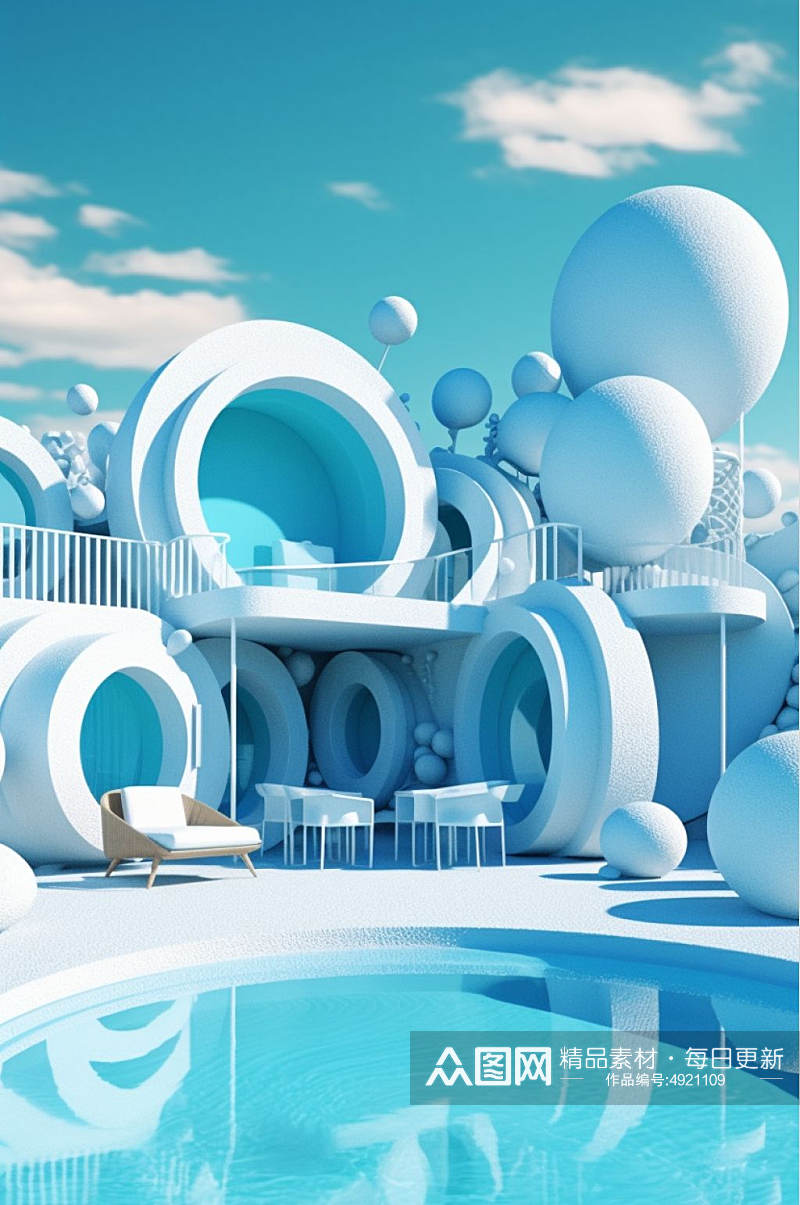 AI数字艺术高清原创户外地产别墅泳池模型素材