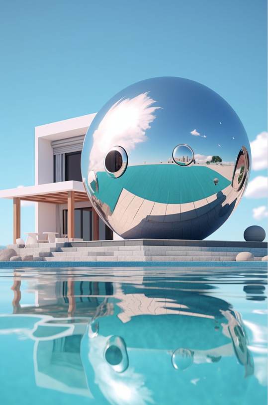 AI数字艺术高清原创户外地产别墅泳池模型