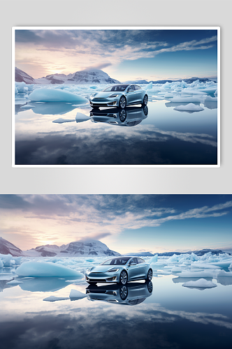 AI数字艺术冬季冰川雪地汽车摄影图