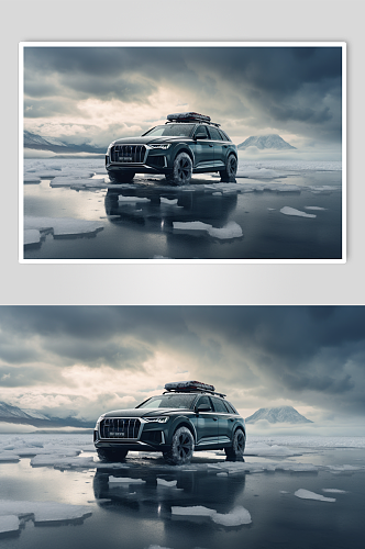 AI数字艺术冬季冰川雪地汽车摄影图