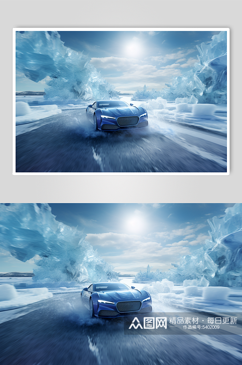 AI数字艺术冬季冰川雪地汽车摄影图素材