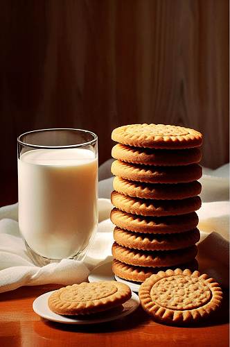 AI数字艺术清新牛奶饼干点心摄影图片