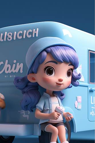 AI数字艺术蓝色冰淇淋车夏季插画