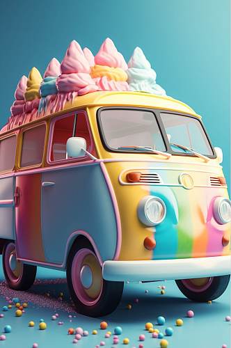 AI数字艺术彩色冰淇淋车夏季插画