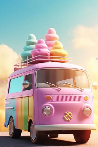 AI数字艺术紫色冰淇淋车夏季插画
