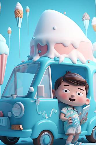 AI数字艺术彩色冰淇淋车夏季插画