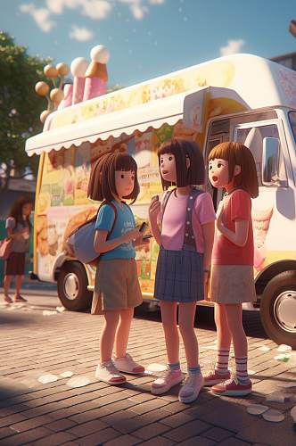 AI数字艺术黄色冰淇淋车夏季插画