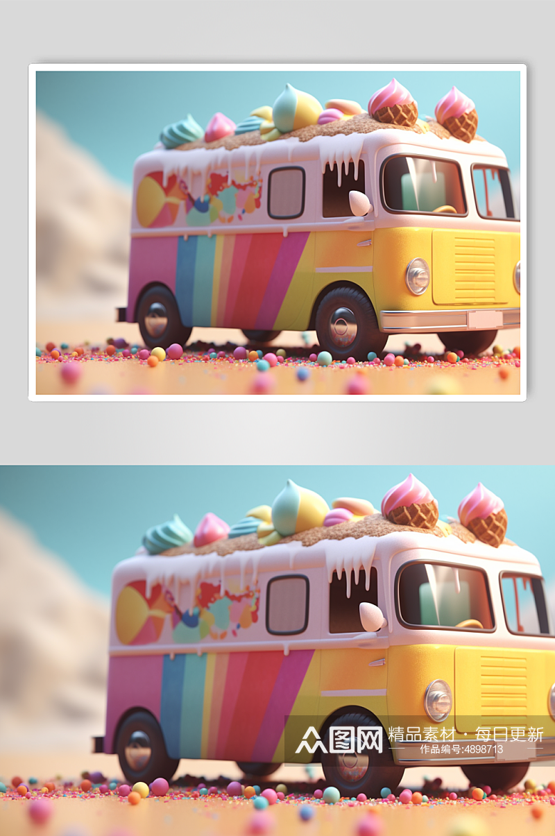 AI数字艺术蓝色冰淇淋车夏季插画素材