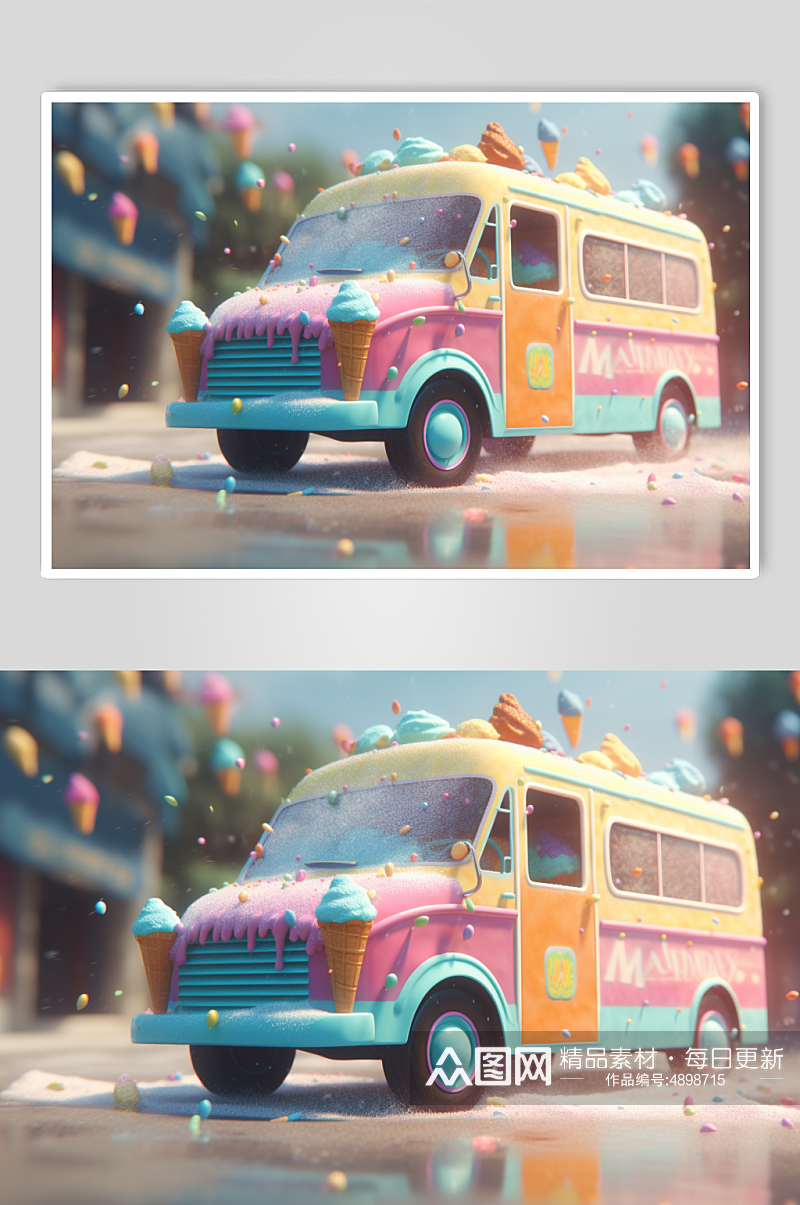 AI数字艺术粉色冰淇淋车夏季插画素材