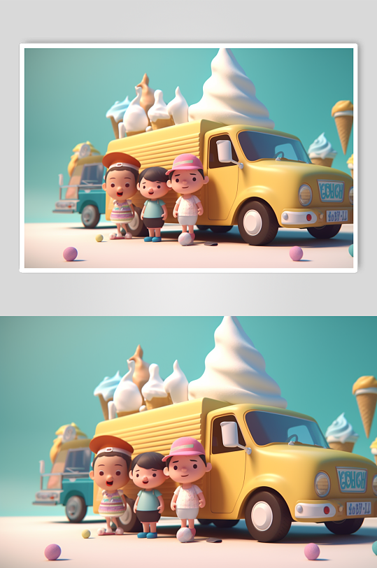 AI数字艺术女孩吃冰淇淋冰淇淋车夏季插画