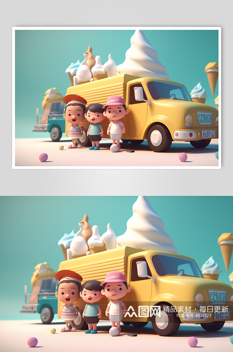 AI数字艺术女孩吃冰淇淋冰淇淋车夏季插画素材