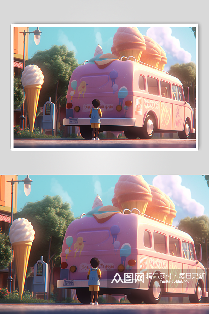 AI数字艺术彩色冰淇淋车夏季插画素材