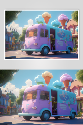 AI数字艺术粉色冰淇淋车夏季插画