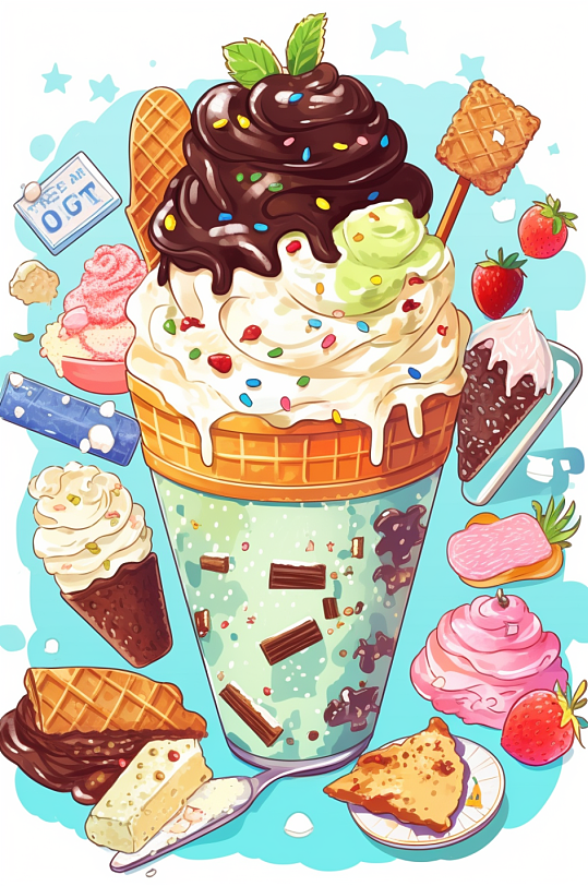 AI数字艺术冰淇淋美食手账贴纸插画-众图网