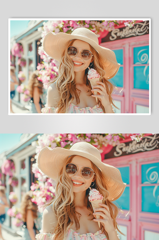 AI数字艺术夏季吃雪糕冰淇淋人物摄影图-众图网