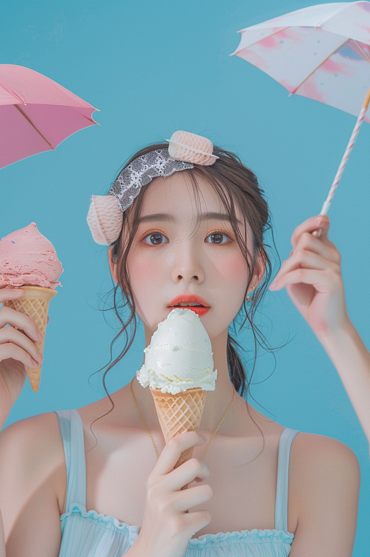 AI数字艺术夏季吃雪糕冰淇淋医美人物摄影图-众图网