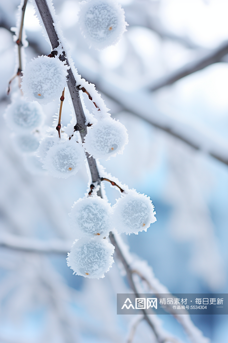 AI数字艺术大雪覆盖着冰霜的树枝摄影图素材