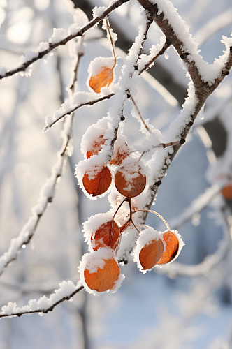 AI数字艺术大雪覆盖着冰霜的树枝摄影图