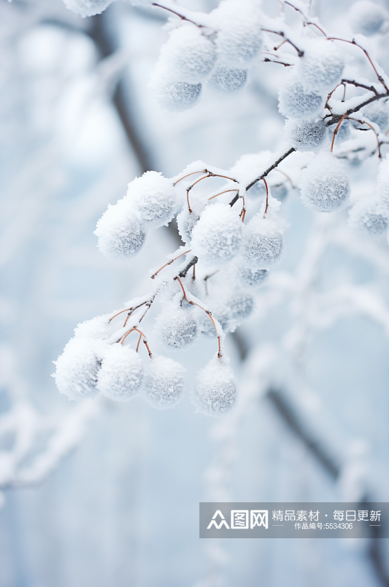 AI数字艺术大雪覆盖着冰霜的树枝摄影图素材