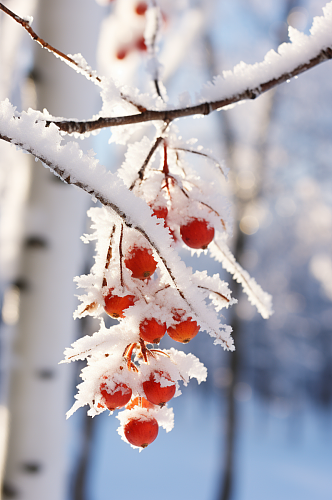 AI数字艺术大雪覆盖着冰霜的树枝摄影图