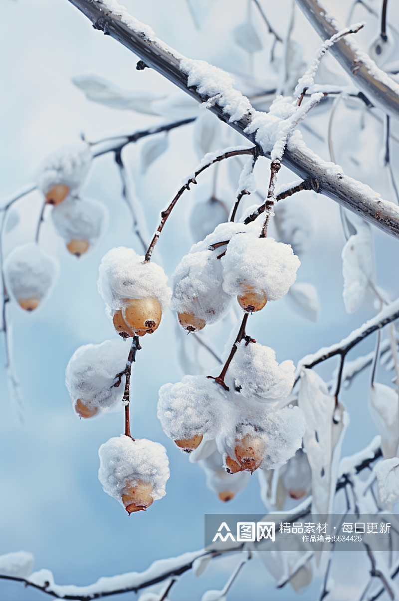 AI数字艺术大雪覆盖着冰霜的树枝摄影图素材