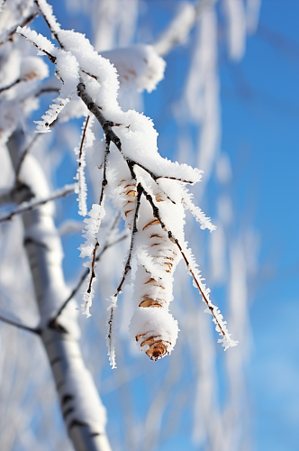 AI数字艺术大雪覆盖着冰霜的树枝摄影图