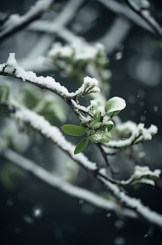 AI数字艺术大雪覆盖着冰霜的树枝摄影图