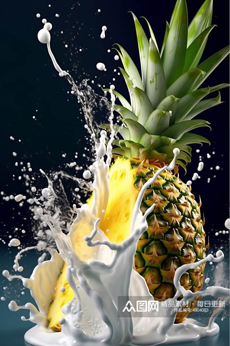 AI数字艺术创意菠萝奶昔果汁液体飞溅模型元素素材