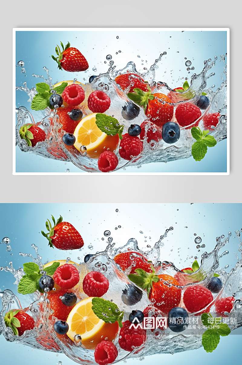 AI数字艺术草莓不同水果掉进水中摄影图片素材