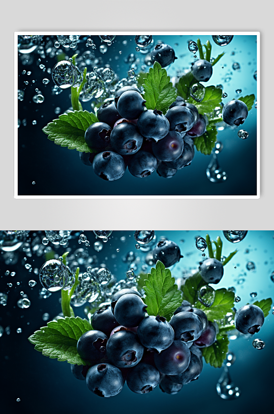 AI数字艺术蓝莓不同水果掉进水中摄影图片