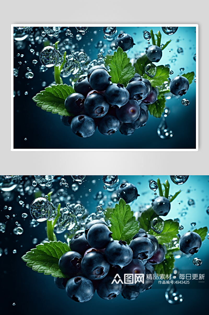 AI数字艺术蓝莓不同水果掉进水中摄影图片素材