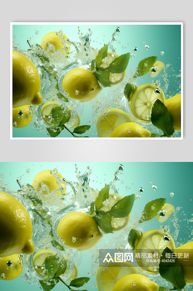 AI数字艺术柠檬不同水果掉进水中摄影图片素材