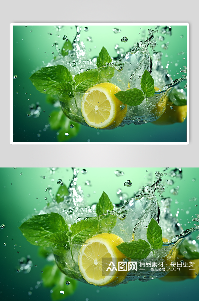 AI数字艺术柠檬不同水果掉进水中摄影图片素材