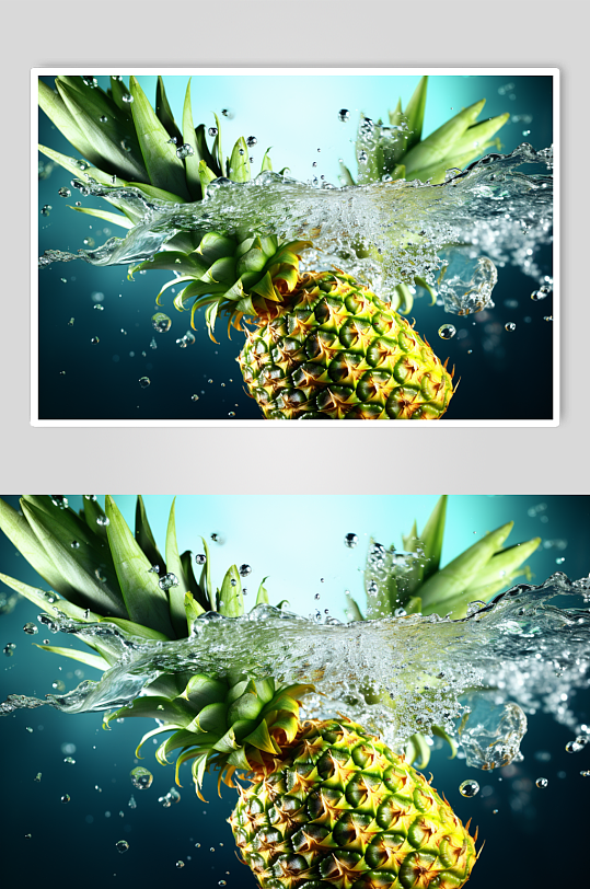 AI数字艺术菠萝不同水果掉进水中摄影图片-众图网