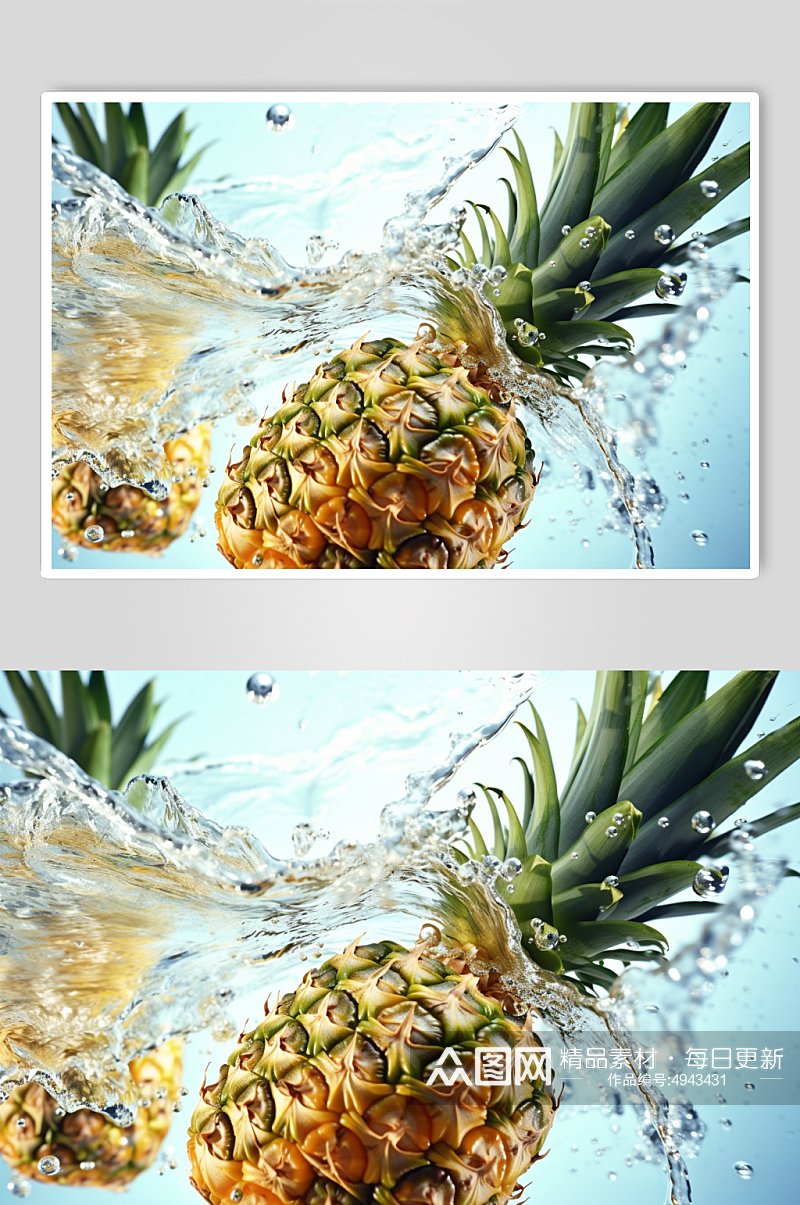 AI数字艺术菠萝不同水果掉进水中摄影图片素材
