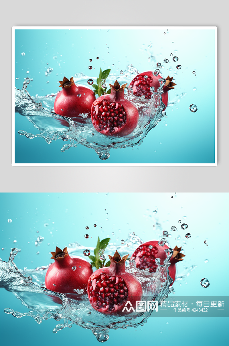 AI数字艺术石榴不同水果掉进水中摄影图片素材