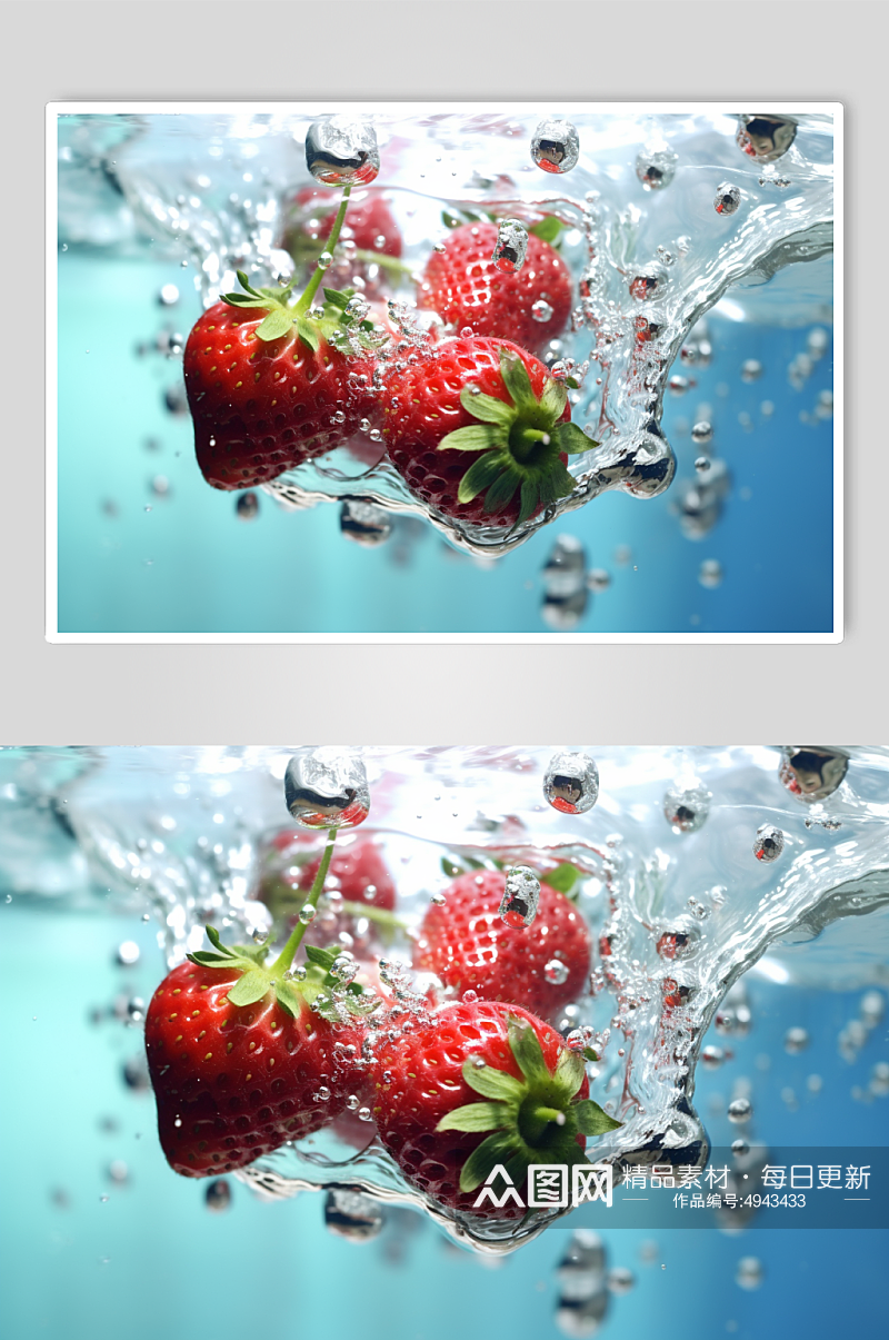 AI数字艺术草莓不同水果掉进水中摄影图片素材